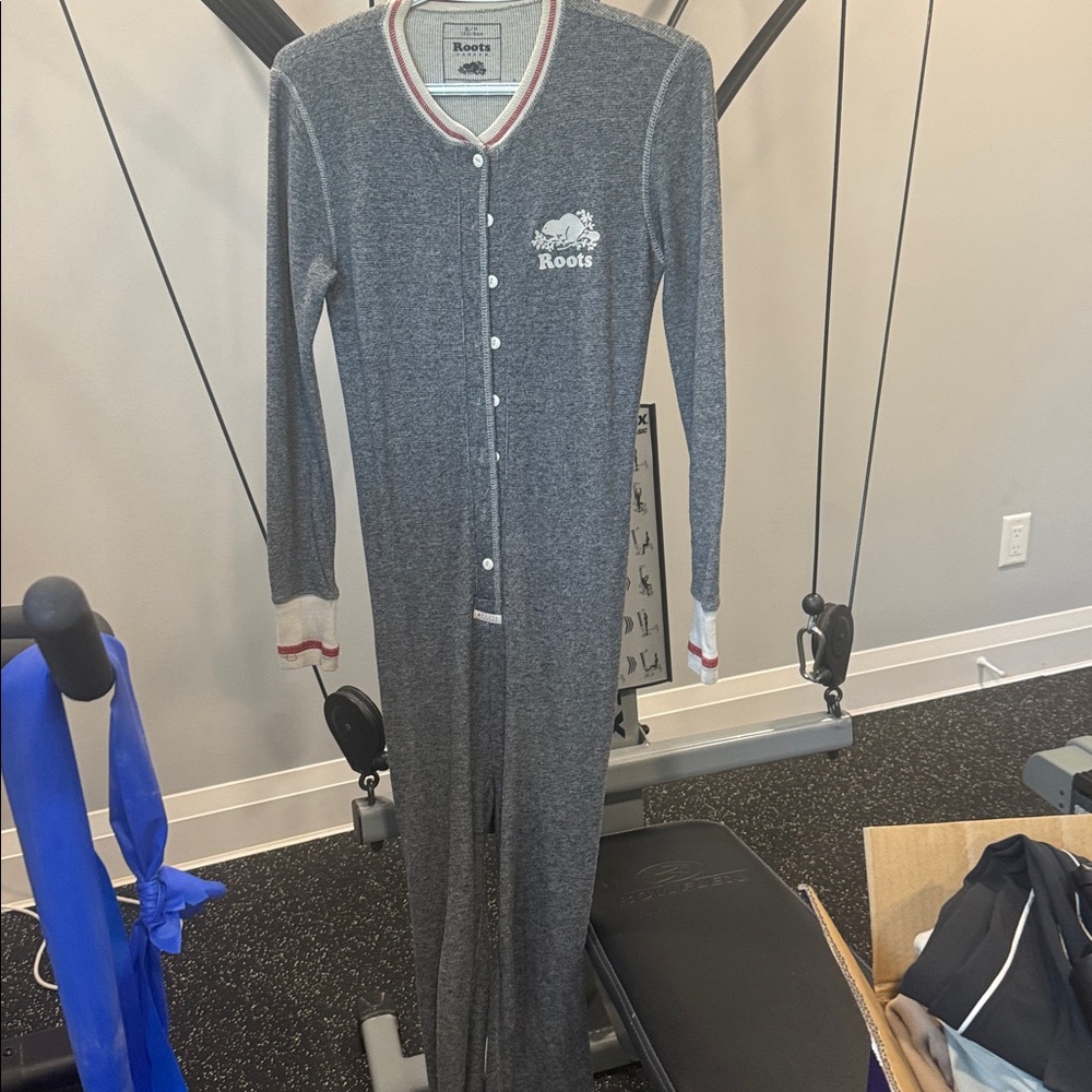 Roots Charcoal Onesie with Red and White Accents
